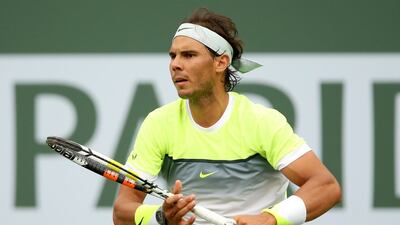Rafael Nadal shown during his win against Gilles Simon in the round of 16 at the ATP Indian Wells Masters tournament in California on Wednesday. Matthew Stockman / Getty Images / AFP / March 18, 2015
