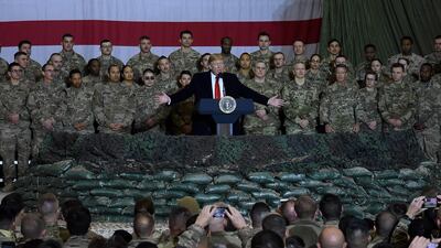 In this photo taken in November 2019, US President Donald Trump speaks to the troops at Bagram Air Field,in Afghanistan. AFP