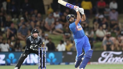 India’s Rohit Sharma goes on the attack against New Zealand. AFP