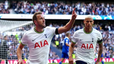 Harry Kane celebrates after heading Tottenham level at 1-1. AP