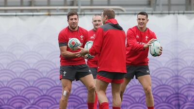 Wales doing ball handling skills during a training session at the Prince Chichibu Memorial Rugby Ground, Tokyo. PA Photo