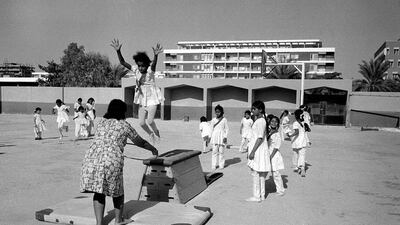 An image from 1974 shows a school – we do not know which one – where a group of young girls are taking an exercise class. Courtesy Jack Burlot
