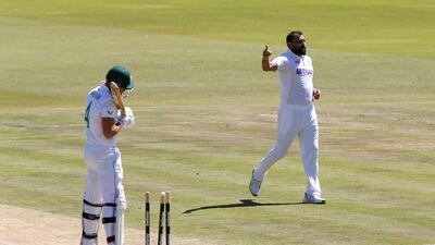 India bowler Mohammed Shami celebrates taking the wicket of South Africa's Aiden Markram. Reuters