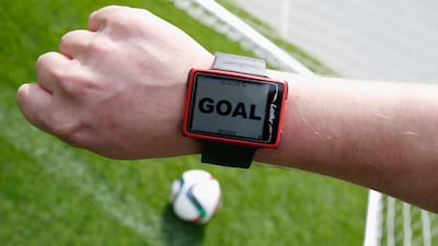 Watch with goal display as the ball crosses the line during a Hawk-Eye presentation about goal-line technology. Getty Images