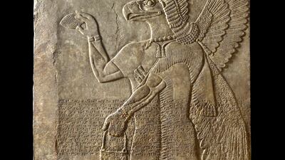 Assyrian Relief. This carved slab is one of many such gypsum panels that lined the walls of important rooms in the so-called Northwest Palace at Nimrud, capital of Assyria, in what is now northern Iraq. This example was especially important as the imagery was designed to offer magical protection to the royal throne room.Courtesy Ashmolean, University of Oxford