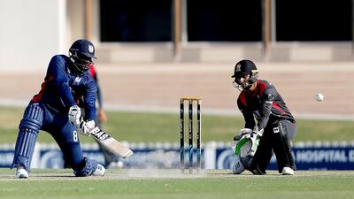 Steven Taylor of USA in action against UAE during the T20 match at the ICC Academy in Dubai.