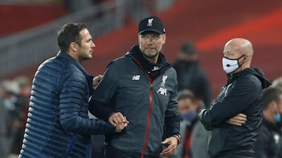 Liverpool manager Juegen Klopp shakes hands with Chelsea's Frank Lampard. Reuters