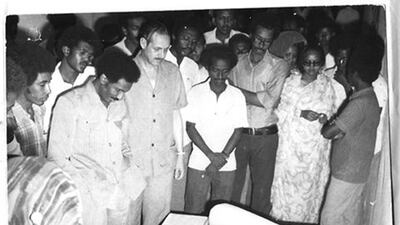 A handout photo of Mohammad Shaddad, Ice Cube Melting, Performance, Abu Janzir Gallery, Khartoum, 1974 (Courtesy: Sharjah Art Foundation)