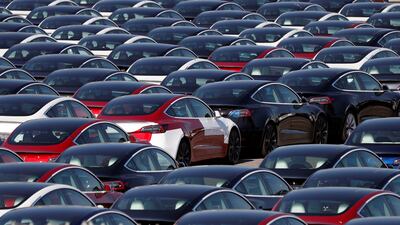 New Tesla electric cars in a storage area in Southampton, England. AFP