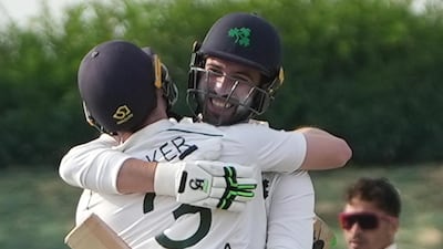 Ireland captain Andrew Balbirnie and Lorcan Tucker celebrate after sealing victory against Afghanistan at Tolerance Oval in Abu Dhabi on March 1, 2024. Abu Dhabi Cricket & Sports Hub