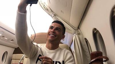 Cristiano Ronaldo takes a selfie on board a jet having been in Madrid for a court case. Courtesy @Cristiano/Twitter
