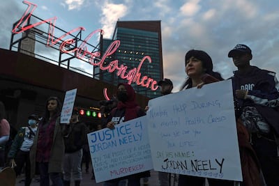 Protesters gather at Barclays Centre Arena for a march to the 7th police precinct to protest the NYPD’s response to the killing of Jordan Neely. AFP