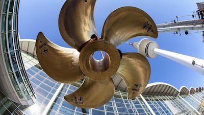 A ship propeller which weighs 82 tons is installed in front of a fair hall in Hamburg, Germany, on September 4, 2014. The propeller is the eyecatching item for the marine fair SMM (Shipbuilding, Machinery & Marine Technology fair) which takes place from September 9-12. Around 2,000 exhibitors will present their latest developments and the new trends of the maritime world. Ulrich Perrey / EPA
