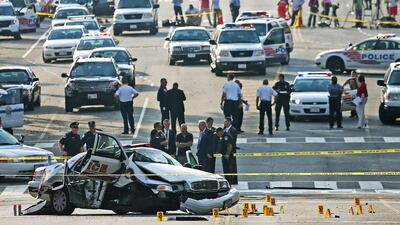 Law enforcement personnel gather around a police vehicle that was involved in a high-speed car chase that put the Capitol on lockdown on Thursday. Mark Wilson /Getty Images / AFP