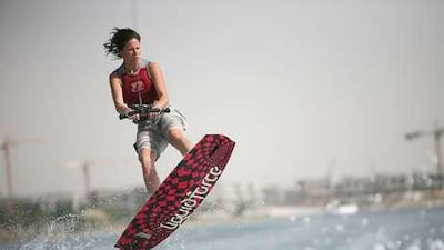 Barbora Furskog of Dubai practises for the wakeboarding competition.