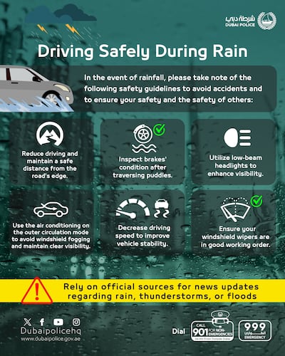 Dubai Police released advice to residents on how to drive safely during rainfall. Photo: Dubai Police