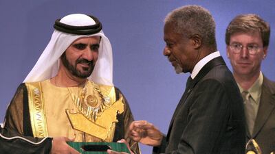 Sheikh Mohammed Bin Rashid presents United Nations Secretary General Kofi Annan with the Zayed International Prize for the Environment in Dubai , in 2006. AFP