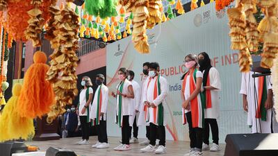 Students performing during India’s 73rd Republic Day celebrations at the India Pavilion in Expo 2020 Dubai. The National