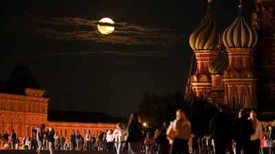 The August Blue Supermoon behind the St Basil's Cathedral in Red Square in Moscow. AP