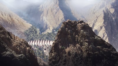 The Floating Retreat concept. The development would feature tents dangling between mountain peaks on Sharjah's east coast. All photos: Omran Alowais / Ardh Architects / Arqui9