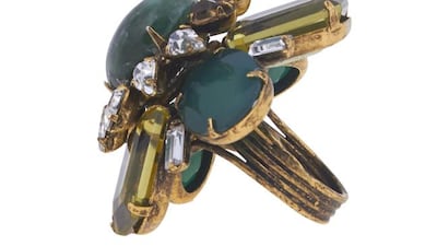 Iradj Moini's White & Green Ring with Flower Centre in Citrine Emarald and Green Onyx. Courtesy: Dadu Luxe