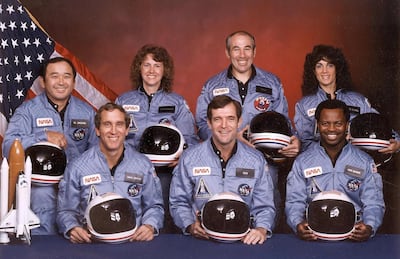 November 1985: The crew of the doomed US space shuttle Challenger. Front row from left: astronauts Mike Smith, Dick Scobee, Ron McNair, back row from left: Ellison Onizuka, school teacher Christa McAuliffe, Greg Jarvis, and Judith Resnik. AFP/Nasa