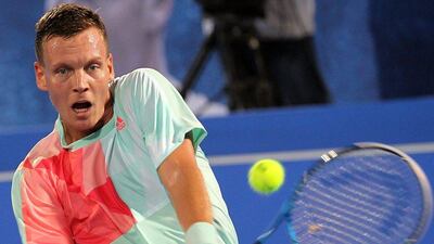 Tomas Berdych in action against Rafael Nadal during their match at the Mubadala World Tennis Championship in Abu Dhabi on December 29, 2016. EPA