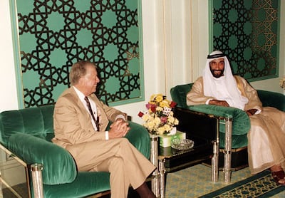 UAE Founding Father, the late Sheikh Zayed bin Sultan Al Nahyan, welcomes former US president Jimmy Carter in 1990. Photo: UAE Embassy in the US