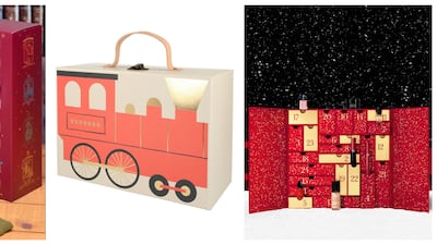 From left, socks for Potter fans; wooden trains for children; and Armani beauty products for women. Photo: Paladone; Meri Meri; Armani Beauty