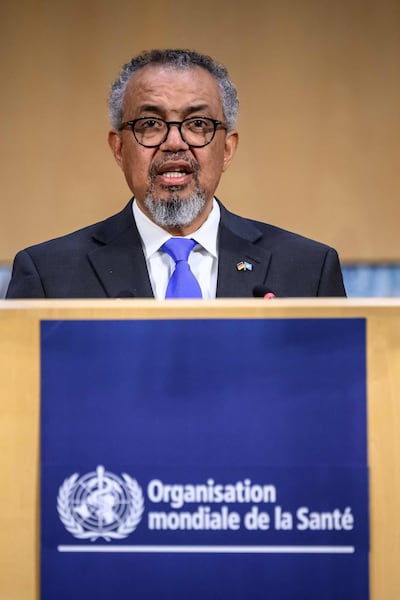 WHO chief Tedros Adhanom Ghebreyesus delivers a speech at the opening of the 79th World Health Organisation assembly in Geneva, on May 18, 2026. AFP