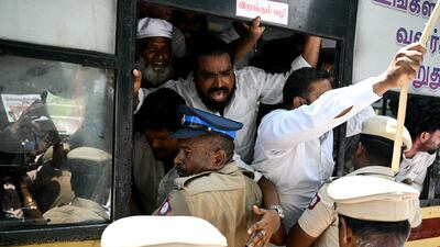 Police detain protesters during a demonstration against the newly approved Amendment Bill reforming wealthy Muslim land-owning organisations in Chennai. AFP