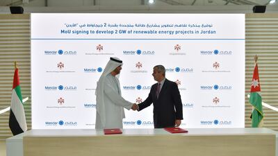Dr Sultan Al Jaber, UAE Minister of Industry and Advanced Technology, Special Envoy for Climate Change and chairman of Masdar, and Saleh Al-Kharabsheh, Jordan’s Minister of Energy and Mineral Resources, on Thursday signed the agreement to explore renewable energy projects in Jordan. Photo: Masdar