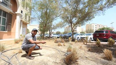 Discovery Gardens resident Midhun Chayanani inspects the dried-up landscape in the Dubai neighbourhood. Satish Kumar / The National