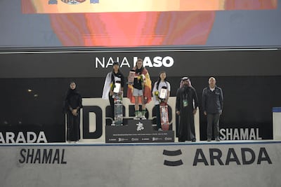 The women's podium at the World Skateboarding Tour Park finals at Dubai Harbour