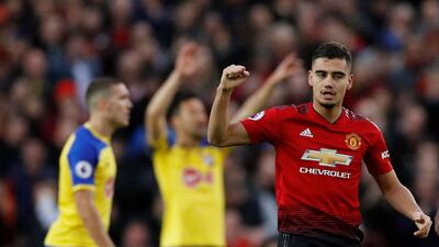 Manchester United's Andreas Pereira celebrates scoring their first goal. Reuters