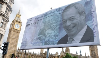 A protest placard depicting Nigel Farage, leader of the Reform UK party, and questioning party donations is displayed near the Houses of Parliament in London last week. Reuters