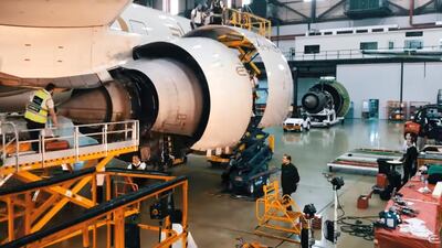 A screengrab from Etihad's video of the world record engine change