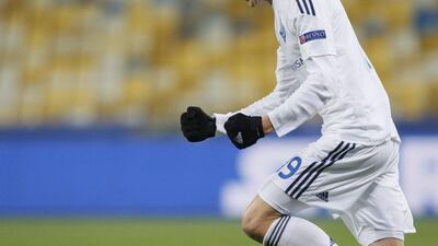 Denis Garmash of Dynamo Kiev celebrates scoring their goal in a Champions League victory on Wednesday night. Sergey Dolzhenko / EPA / December 9, 2015