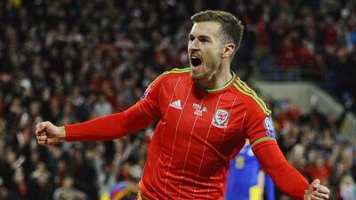 Aaron Ramsey celebrates his goal for Wales in their Euro 2016 qualifying match against Andorra on Tuesday night at Cardiff City Stadium. Rebecca Naden / Reuters