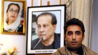 The chairman of the Pakistan People's Party, Bilawal Bhutto Zardari, speaks at a memorial for slain Punjab province governor Salman Taseer.