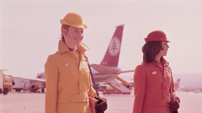 Middle East Airlines crew members featured in an advertising campaign, Lebanon's Sun, to promote tourism in 1977. Photo: Middle East Airlines – Air Liban