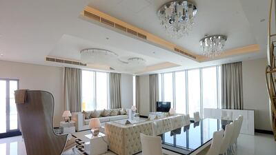 The living room of a penthouse serviced apartment at the Damac Maison tower. Satish Kumar / The National