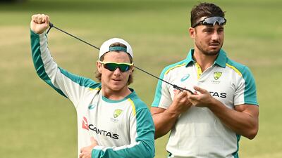 Australia's Adam Zampa and Marcus Stoinis during a training session ahead of the ODI and T20 tour of Pakistan at the Junction Oval in Melbourne on Tuesday, March 22, 2022. Getty