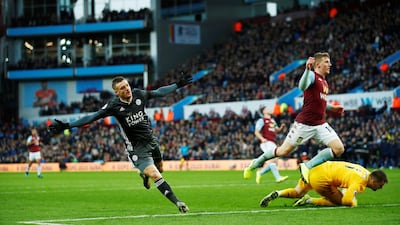 Jamie Vardy begins his celebration after scoring his second and Leicester City's fourth goal in the 4-1 win at Aston Villa. Reuters