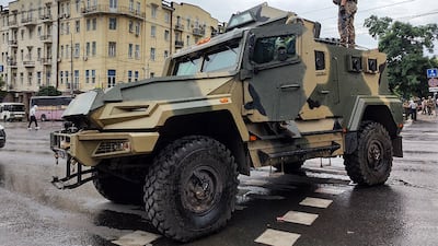 An armoured vehicle of the Wagner group outside the headquarters of the Southern Military District of the Russian armed forces in Rostov-on-Don, Russia. AP