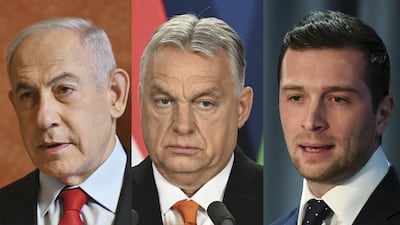 From left, Israeli Prime Minister Benjamin Netanyahu, Hungary's Prime Minister Viktor Orban and Jordan Bardella, the head of France’s National Rally party. AFP