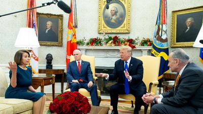 President Trump and vice president Mike Pence, second left, meet Nancy Pelosi and Senate minority leader Chuck Schumer. EPA