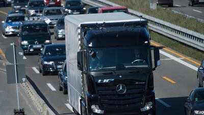 Dubai-based Agility says the logistics industry is excited by the latest tech developments, especially in road haulage. Here, a Mercedes-Benz tests its Actros truck self-driving system. Marijan Murat / AFP