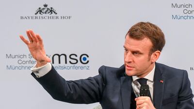 France's President Emmanuel Macron addresses the audience on the podium during the 56th Munich Security Conference (MSC) in Munich, southern Germany. AFP