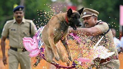 Railway Protection Force personnel in Chennai help a dog perform a stunt during celebrations to mark India's Independence Day. AFP